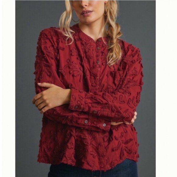 Pilcro Anthropologie The Whitney Textured Trapeze Red Button Down Blouse Size MP - Picture 2 of 11